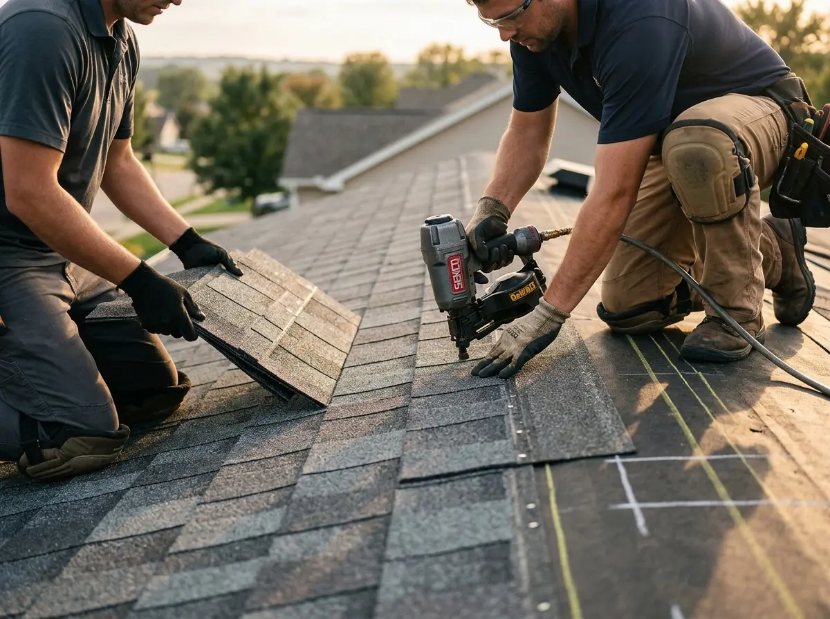 Professional roofer working on a residential roof in New Whiteland